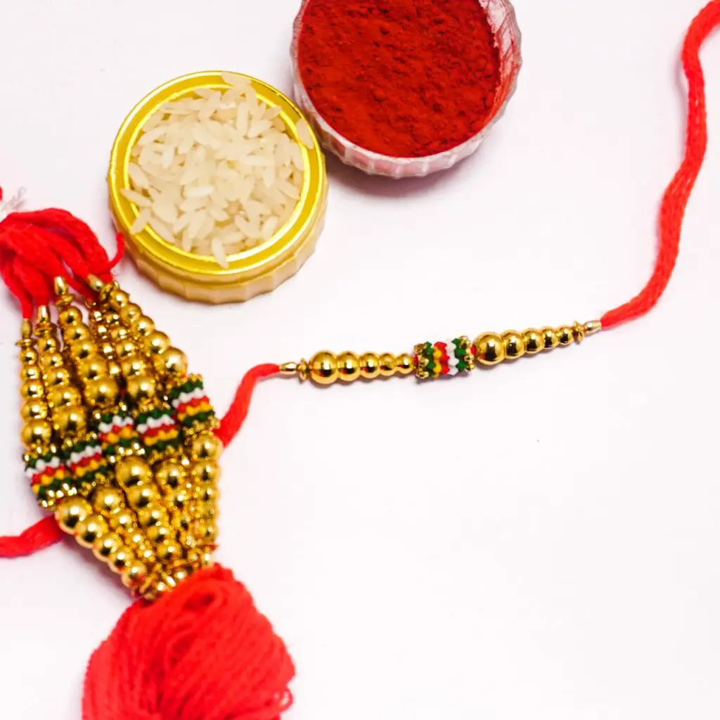 Golden Beads Rakhi- Hand Made Golden Stone Premium Quality- Rakhi- Set of 10 pieces - Image 2