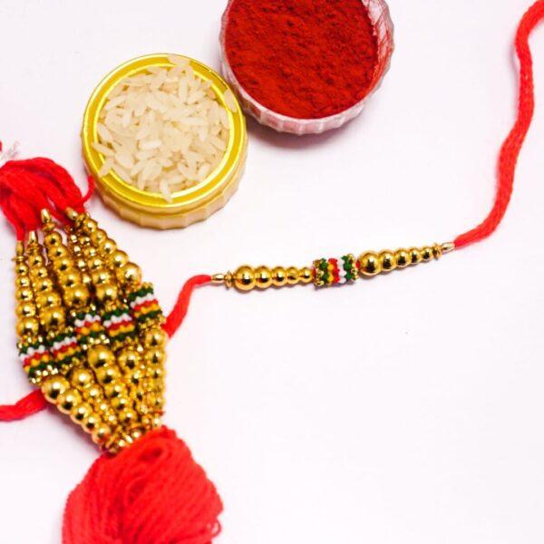Golden Beads Rakhi- Hand Made Golden Stone Premium Quality- Rakhi- Set of 10 pieces - Image 2