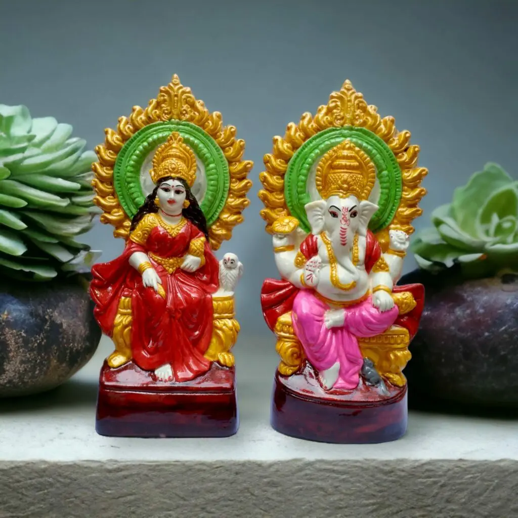 Laxmi Ganesh Ji Ki Murti - "লক্ষ্মী গণেশ মূর্তি" - "लक्ष्मी गणेश की मूर्ति" - Bengali Style Lakshmi-Ganesh Ji Set - Marble Dust Hand Crafted Murti - 8.5 inch Each. - Image 2