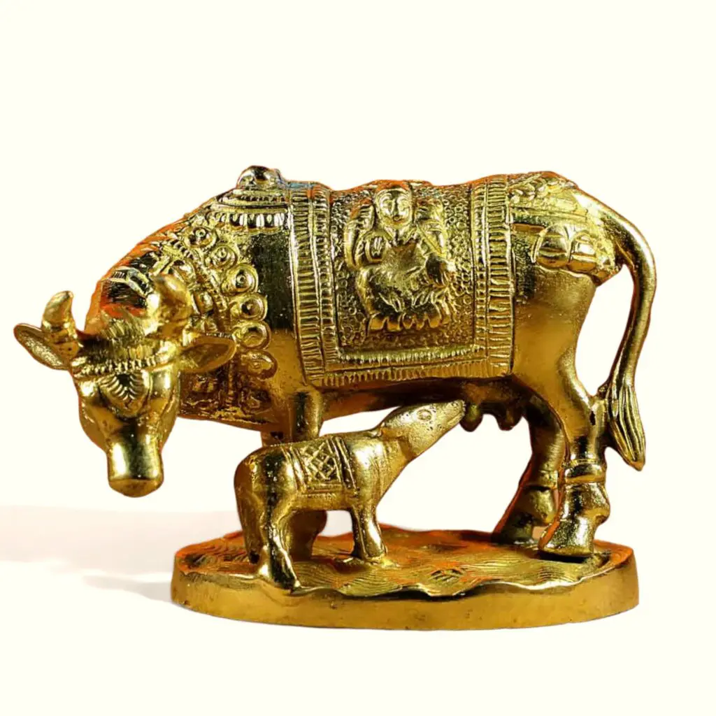 Pure Brass Kamdhenu Gai - Pure Brass Kamdhenu Cow With Cub - Antique Brass Idol- 5.5" × 4" ( Length × Height ) - 1 kg Approx.