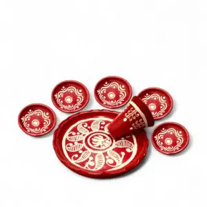 Customised Fabric Coloured - Hand Printed - Clay Dinner Set Thali 12 Inch With 5 Serving Bowls - And 1 Glass (Clay Dinner Set)
