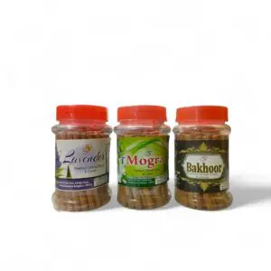 Dhoop Sticks - Premium Quality Bamboo Less 80 mm Long - With Stand - Set Of Three - With Bakhoor, Mogra And Lavender Essence
