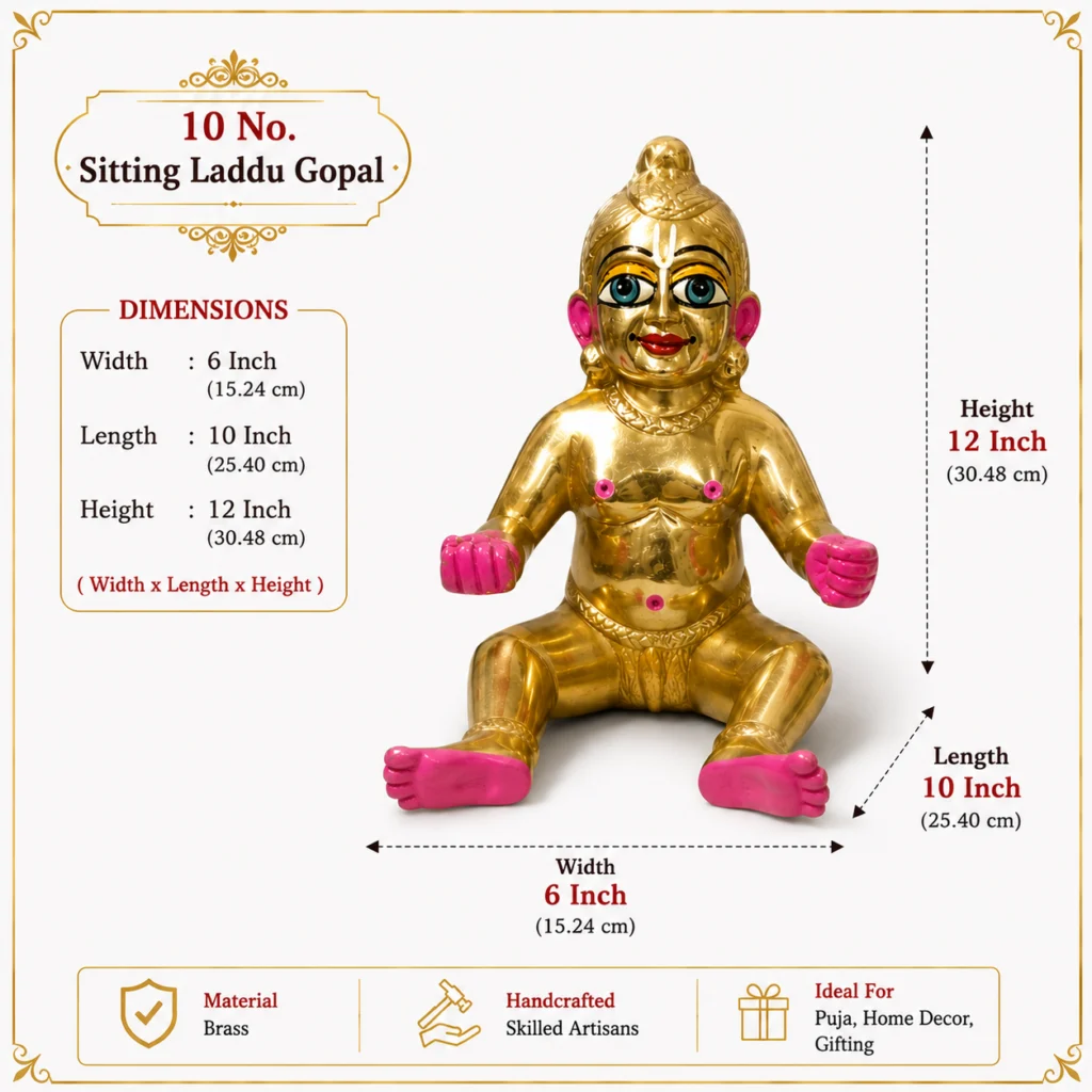 Sitting Laddoo Gopal - 10 No. - 12 inch - 3.7 kg Approx Brass Laddu Gopal Murti Big Size - Sitting Laddu Gopal Pure Pital Brass Laddoo Gopal To Worship - Image 2