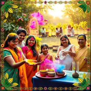 A vibrant, eco-friendly Holi celebration scene in a lush Indian garden. In the foreground, smiling Indian families play with colorful powder made from natural, plant-based ingredients. They throw handfuls of vivid gulal in shades of turmeric yellow, beetroot pink, and spirulina green. Flower petals and leaves swirl in the air. To the side, a table displays bowls of homemade organic colors and a tray of clay cups filled with thandai. In the background, a group plants young saplings, symbolizing environmental responsibility. The scene is bathed in soft, warm sunlight, creating a joyful and serene atmosphere. The color palette features rich, earthy tones of saffron, emerald, and indigo, balanced with softer pastels. Intricate Madhubani-style borders frame the image, incorporating traditional Holi motifs and eco-friendly symbols.