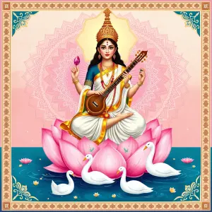 "A serene digital illustration of Goddess Saraswati seated on a lotus throne, rendered in traditional Madhubani art style with modern elements. She holds a veena, books, and a crystal rosary, wearing a pristine white saree with gold borders. Peacocks flank her sides while sacred swans float in ethereal water below. The background features intricate mandala patterns in soft pastel hues of pink and blue, with floating lotus flowers and vedic scriptures. Glowing golden light emanates from her form, creating a divine atmosphere. Indian cultural motifs and Sanskrit verses adorn the borders in delicate patterns."