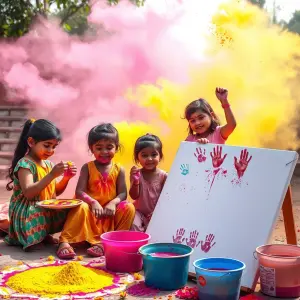 A vibrant outdoor scene with Indian children joyfully celebrating Holi. The background features a colorful explosion of gulal powder in the air, creating a dreamy, pastel-hued atmosphere. In the foreground, kids are engaged in various Holi activities: one child painting a rangoli with colored powders, another making homemade natural colors from flowers, and a third creating colorful hand prints on a large white canvas. Traditional Holi items like pichkaris (water guns) and buckets of colored water are scattered around. The scene is bathed in soft, diffused sunlight, giving it a warm and inviting glow. The color palette is dominated by vivid hues of pink, yellow, green, and blue, balanced with softer pastel tones. The overall composition exudes energy, creativity, and cultural richness, capturing the essence of a kid-friendly Holi celebration.