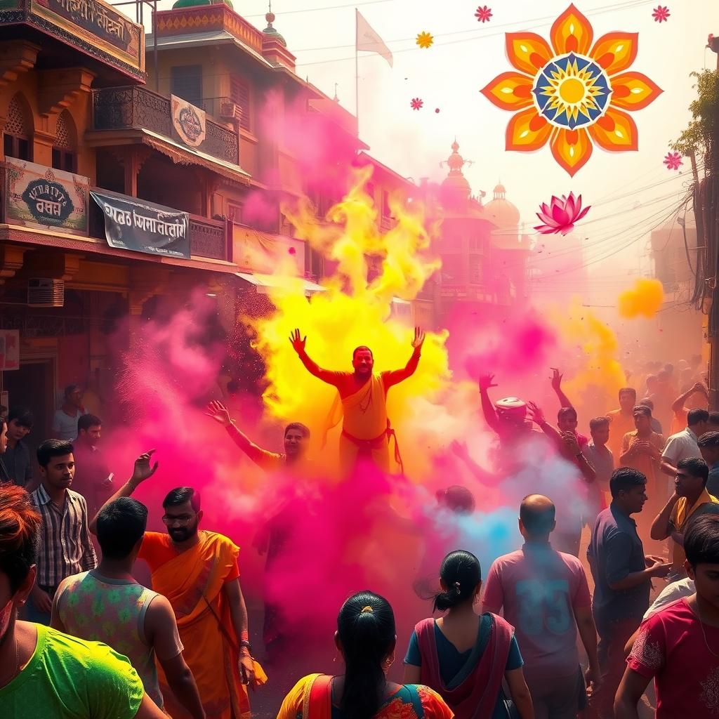 A vibrant celebration of Holi, showcasing the colourful traditions of the Bhojpuri region.