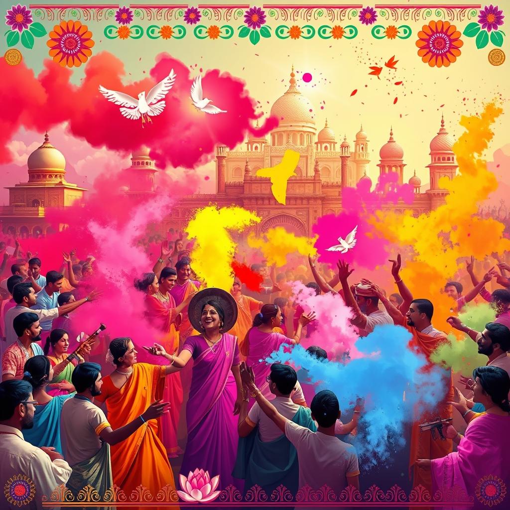 A vibrant celebration of Holi, showcasing the colourful spirit of Bhojpuri traditions