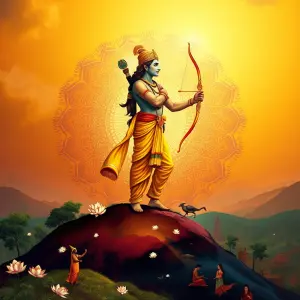 A regal, golden-hued Lord Rama standing atop a serene hill, his bow in hand, gazing compassionately over a vibrant Indian landscape. Soft, ethereal light bathes the scene, creating a divine aura. Intricate Madhubani-style patterns form a mandala behind him, symbolizing wisdom and leadership. Below, a harmonious village scene unfolds with people engaged in various virtuous acts. Rich, deep colors of saffron, maroon, and peacock blue dominate. Delicate lotus flowers and spiritual symbols float around Rama, emphasizing his divine nature. The composition balances traditional Indian art elements with a modern, digital aesthetic, conveying serenity, strength, and ideal leadership.