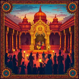 A vibrant, intricate illustration depicting a grand Indian temple courtyard at dusk. In the center, a regal Rama and Sita sit on an ornate golden throne, surrounded by devoted followers. The scene is framed by elaborate Madhubani-style borders featuring scenes from the Ramayana. Soft glowing lanterns illuminate the courtyard, casting a warm, ethereal light. In the background, silhouettes of various Indian art forms - dance, music, and sculpture - represent the epic's influence on culture. Rich, deep colors of saffron, maroon, and peacock blue dominate, with accents of shimmering gold. Intricate mandala patterns and lotus motifs adorn the temple pillars and walls, symbolizing spirituality and enlightenment. The overall composition exudes a sense of timeless wisdom and cultural continuity, capturing the essence of Ramayana's enduring legacy in Indian society.