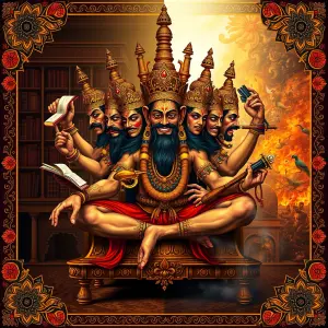 A regal, ten-headed figure of Ravana, depicted in a fusion of Madhubani and digital art styles, sits cross-legged on an ornate golden throne. Half of his faces show scholarly wisdom with serene expressions, adorned with golden spectacles, while the other half portray fierce, villainous countenances. He holds ancient scriptures and musical instruments in some hands, while others wield weapons. The background is split diagonally: one side features a grand library with glowing manuscripts, the other a fiery battlefield. Intricate patterns of lotuses and mandalas frame the scene, rendered in deep maroon, saffron, and peacock blue. Soft, ethereal light illuminates Ravana, casting both shadows and a divine glow, symbolizing his complex nature.