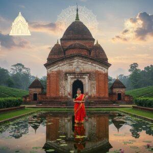 A serene Indian woman in a traditional Assamese mekhela chador, adorned with intricate gold jewelry, stands at the entrance of the ancient Ugratara Devalaya temple. The temple's ornate architecture blends traditional Assamese and North Indian styles, featuring red bricks, intricate carvings, and a golden shikhara. In the foreground, a sacred lotus pond reflects the temple's image. The sky is painted in soft, mystical hues of dawn, with wispy clouds forming subtle mandala patterns. Surrounding the temple are lush green tea gardens and dense forests, typical of Assam's landscape. Floating in the air are ethereal, glowing symbols representing other sacred sites of Assam - a stylized Kamakhya temple, a peacock feather for Peacock Island, and a shimmering Brahmaputra river. The overall scene is infused with a soft, golden light, creating an atmosphere of spirituality and tranquility. The art style merges hyperrealistic details with dreamy, surreal elements, emphasizing the mystical nature of Assam's sacred sites.