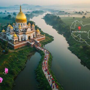 A serene aerial view of Burha Madhab Than temple complex, nestled amidst lush greenery and surrounded by the meandering Brahmaputra River. The golden-domed temple glows in the soft morning light, its reflection shimmering on the calm water. Intricate Assamese architectural details are visible on the temple structure. In the foreground, a group of pilgrims in colorful traditional Assamese attire walk along a winding path towards the temple. The scene is adorned with blooming orchids and tea plantations in the distance. A stylized map of Assam floats ethereally in the corner, highlighting the location of Burha Madhab Than. The overall atmosphere is peaceful and inviting, with a misty, dream-like quality. The art style blends photorealistic elements with touches of Madhubani and digital painting techniques, using a palette of deep greens, golds, and soft blues.