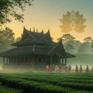 A serene, misty dawn over a traditional Assamese Namghar (prayer hall) with intricate wooden carvings and a distinctive sloping roof. The structure is surrounded by lush green tea gardens and towering bamboo groves. In the foreground, a group of devotees in colorful Assamese attire (mekhela chador for women, dhoti and gamosa for men) approach the Namghar, carrying offerings. Soft, golden light filters through the trees, illuminating the scene. A large, stylized lotus flower floats in the sky, its petals forming a mandala-like pattern. The art style blends photorealistic elements with dreamy, ethereal touches, using a palette of deep greens, warm golds, and rich earth tones. Incorporate subtle Assamese motifs like the rhino, one-horned rhinoceros, and jaapi (traditional hat) in the background details.