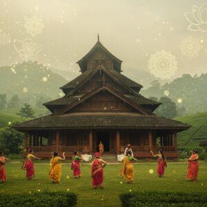 A serene, ethereal scene of the Dhekiakhowa Bornamghar in Assam, bathed in soft golden light. The traditional Assamese architecture of the Bornamghar stands prominently, featuring intricate wooden carvings and a distinctive sloping roof. In the foreground, a group of devotees in colorful Assamese attire perform a traditional dance, their movements creating flowing patterns. The background showcases lush green tea gardens and misty hills, typical of Assam's landscape. Floating above the scene are translucent, glowing mandalas and stylized lotus flowers, adding a spiritual ambiance. The color palette blends warm golds, deep greens, and soft blues. The art style merges hyper-realistic details with dreamy, surreal elements, creating a captivating and inviting atmosphere that draws the viewer into Assam's rich cultural heritage.