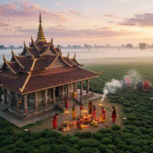 A serene aerial view of Dhekiakhowa Bornamghar, an ancient Assamese temple with traditional Assamese architecture, surrounded by lush green tea gardens. The temple's ornate roof is adorned with intricate patterns in gold and red. In the foreground, a group of devotees in colorful traditional Assamese attire perform a ritual, offering flowers and lighting oil lamps. Soft, ethereal light bathes the scene, creating a mystical atmosphere. Wisps of incense smoke rise, intertwining with the mist from the nearby Brahmaputra river. The sky is a gentle blend of pastel pink and blue, with stylized mandala-like clouds. In the background, a few elephants adorned with vibrant cloths stand majestically, symbolizing the region's cultural heritage. The overall composition combines elements of Madhubani and Pattachitra art styles, with rich, deep colors and intricate detailing, yet maintains a modern, digital aesthetic. The scene exudes a sense of spirituality, tradition, and timeless beauty.