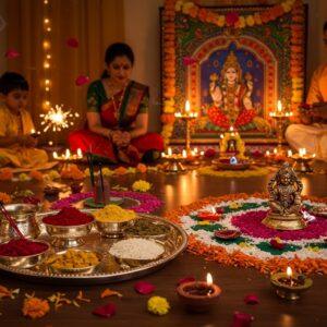 A richly decorated Indian home interior during Diwali, bathed in warm golden light. In the foreground, an ornate silver thali filled with vibrant Diwali puja samagri: red kumkum, yellow turmeric powder, white rice grains, fragrant incense sticks, and a small golden Lakshmi idol. Beside it, a beautifully arranged rangoli made of colorful flower petals and diyas. In the background, a traditionally dressed Indian family performs puja rituals before an elaborately decorated home shrine. The shrine features intricate Madhubani-style paintings of Goddess Lakshmi and Lord Ganesha. Glowing diyas and string lights illuminate the scene, creating a magical ambiance. Soft focus on floating flower petals and sparklers in the air. The overall style blends traditional Indian art with modern digital aesthetics, using deep, rich colors like gold, saffron, and peacock blue, with intricate patterns and cultural motifs throughout.