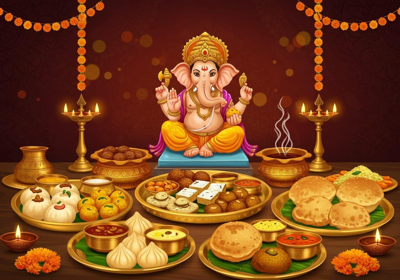 A beautiful assortment of traditional Prasad for Ganesh Chaturthi including Modak and Ladoo