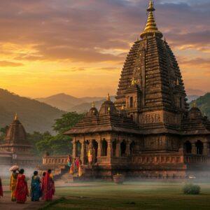 A majestic ancient temple complex in Assam, India, with ornate carvings and intricate architectural details, set against a backdrop of lush green hills and a vibrant sunset sky. The temple's spire is adorned with traditional Assamese motifs and golden highlights. In the foreground, a group of devotees in colorful traditional Assamese attire approach the temple, carrying offerings. The scene is illuminated by warm, golden light, creating a serene and mystical atmosphere. Soft mist surrounds the base of the temple, adding to its ethereal quality. The art style combines hyperrealistic details with elements of Madhubani and Pattachitra, featuring rich colors like deep maroon, saffron, and peacock blue. Intricate patterns of lotus flowers and mandalas are subtly incorporated into the temple's structure and surrounding landscape.