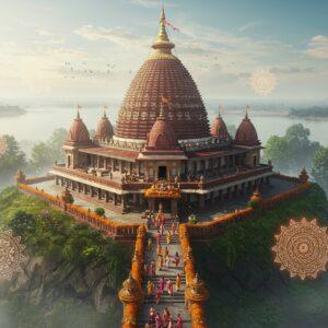 A majestic aerial view of Kamakhya Temple atop Nilachal Hill, bathed in soft golden sunlight. The temple's distinctive beehive-shaped dome is adorned with intricate Assamese patterns in rich maroon and gold. In the foreground, a winding path leads to the temple, lined with vibrant marigold and lotus offerings. Devotees in colorful traditional Assamese attire ascend the steps, carrying puja thalis. A mystical mist surrounds the temple, with ethereal, glowing mandalas floating in the air. The scene is framed by lush green foliage and the blue waters of the Brahmaputra River in the distance. The art style blends hyperrealistic digital painting with elements of Assamese folk art, creating a serene yet captivating atmosphere that hints at the temple's spiritual significance and rich cultural heritage.