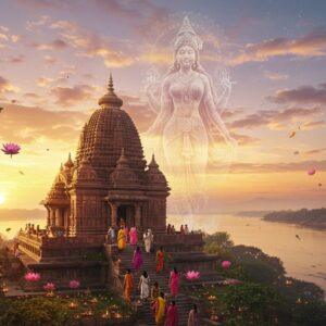 A mystical, ethereal scene of the Kamakhya Temple atop Nilachal Hill, bathed in golden sunset light. The temple's distinct Nilachal architecture style is prominently featured, with its beehive-shaped dome and intricate carvings. In the foreground, a diverse group of Indian pilgrims ascend the temple steps, their colorful traditional attire contrasting with the temple's stone facade. Floating lotus flowers and glowing diyas surround the temple, creating a magical atmosphere. A translucent, feminine silhouette of Goddess Kamakhya emerges from the temple, her form composed of swirling energy and adorned with traditional Assamese jewelry. The sky is a blend of soft pastels - pink, lavender, and gold - with wispy clouds forming subtle mandala patterns. In the distance, the mighty Brahmaputra River flows, its waters reflecting the golden light. The scene combines hyperrealism with surreal elements, emphasizing the spiritual significance and allure of the temple.