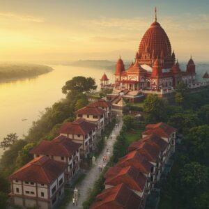 A serene aerial view of Kamakhya Temple atop Nilachal Hill, its distinctive red dome and intricate architecture illuminated by warm golden sunlight. In the foreground, a row of modern, luxurious hotels with traditional Assamese architectural elements. The Brahmaputra River flows peacefully in the background. The scene is rendered in a style blending digital painting with traditional Indian art, using rich colors like deep red, gold, and peacock blue. Floating lotuses and stylized mandalas frame the image, while a soft, ethereal mist connects the temple to the hotels, symbolizing the spiritual journey. A few Indian tourists in colorful attire can be seen walking from the hotels towards the temple path.