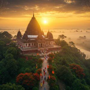 A majestic aerial view of Kamakhya Temple atop Nilachal Hill, bathed in golden sunrise light. The temple's distinctive beehive-shaped dome is adorned with intricate Assamese architectural details. In the foreground, a winding path leads up to the temple, lined with colorful flags and devotees in traditional Assamese attire. The surrounding lush green landscape is dotted with blooming red hibiscus flowers, symbolizing the Goddess. A ethereal mist rises from the nearby Brahmaputra River, creating a mystical atmosphere. The scene is rendered in a style blending hyperrealism with elements of Assamese folk art, featuring rich, deep colors like saffron, maroon, and peacock blue. Soft, glowing mandala patterns subtly overlay the sky, adding a spiritual dimension. The overall composition balances grandeur with serenity, inviting viewers to embark on a spiritual journey.