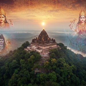 A majestic aerial view of Kamakhya Temple atop Nilachal Hill, surrounded by lush green forests and misty clouds. The temple's distinctive beehive-shaped dome glows with a soft, ethereal light. In the foreground, a stylized representation of Goddess Kamakhya emerges from swirling, vibrant energy patterns resembling Madhubani art. She has multiple arms holding various sacred objects and weapons. To one side, a translucent image of King Naraka appears, symbolizing the temple's legendary founder. On the other side, a ghostly scene depicts the love story of Shiva and Sati. The sky above is filled with intricate mandala patterns in gold and deep red, representing the temple's tantric significance. At the base of the hill, the mighty Brahmaputra River flows, rendered in a swirling, dreamlike style. The overall color palette includes rich maroons, deep blues, and touches of gold, creating a mystical and powerful atmosphere that blends historical accuracy with spiritual symbolism.