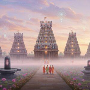 A serene panoramic view of five ornate Indian temples, each representing a Panchaarama Kshetra, arranged in a gentle arc against a misty, ethereal background. The temples are richly detailed with intricate carvings and vibrant colors, blending traditional Dravidian architecture with a touch of surrealism. Soft, glowing lights emanate from each temple, creating a mystical atmosphere. In the foreground, a winding path lined with blooming lotus flowers leads towards the temples. Translucent, floating mandalas of varying sizes hover in the air, symbolizing spiritual energy. The sky is painted in soft pastel hues of pink, lavender, and gold, with wispy clouds forming subtle Lingam shapes. A group of pilgrims in colorful traditional Indian attire are seen walking the path, their forms slightly transparent to add to the dreamlike quality. The overall scene is rendered in a style that merges digital art with elements of Madhubani and Pattachitra, creating a harmonious blend of ancient spirituality and modern aesthetics.