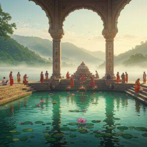 A serene, misty landscape of the Brahmaputra river valley at dawn, with the sacred Parshuram Kund in the foreground. The kund is a crystal-clear emerald pool surrounded by ancient stone steps, adorned with intricate Madhubani-style paintings depicting scenes from Parshuram's life. Devotees in colorful traditional attire perform rituals at the water's edge, their reflections shimmering in the pool. Floating lotus flowers and glowing diyas dot the water's surface. In the background, lush green hills rise, partially obscured by wisps of mist. A large, ornate stone archway frames the scene, its pillars carved with Hindu symbols and motifs. Soft, golden light bathes the entire scene, creating a mystical atmosphere. The art style blends hyperrealistic digital painting with elements of traditional Indian art, emphasizing rich colors and intricate details.