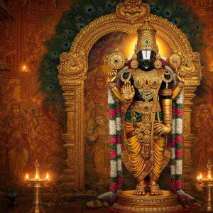 A majestic, golden-hued Lord Venkateswara standing atop a stylized Tirumala hill, adorned with traditional South Indian temple jewelry and a vibrant peacock-feathered crown. His four arms hold the conch, chakra, lotus, and gesture of blessing. The background features a blend of Madhubani and digital art, showcasing intricate patterns of celestial beings, devotees, and mythical creatures in rich shades of saffron, maroon, and peacock blue. A soft, ethereal glow emanates from the deity, illuminating the scene with a warm, divine light. In the foreground, a beautifully decorated mandapam with ornate pillars frames the deity, while floating lotus flowers and glowing mandalas add a surreal touch. The overall composition balances traditional iconography with a modern, digital aesthetic, creating a visually stunning and spiritually evocative image.