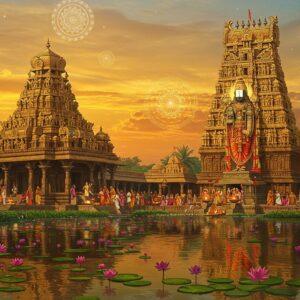 A majestic Dravidian-style temple illuminated by golden sunlight, its ornate gopuram adorned with intricate carvings of deities and mythological scenes. In the foreground, a serene water body reflects the temple's image, surrounded by blooming lotus flowers. Devotees in colorful traditional attire offer prayers and perform rituals. The sky is painted in soft hues of orange and pink, with ethereal glowing mandalas floating above. A large, radiant statue of Lord Venkateswara stands at the temple's entrance, emanating divine energy. The scene blends Madhubani and Pattachitra art styles with modern digital aesthetics, using rich colors like saffron, maroon, and peacock blue. The overall atmosphere exudes tranquility and spiritual bliss, inviting viewers to explore this sacred haven.
