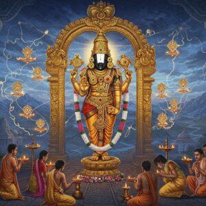 A majestic golden Venkateswara Swamy idol, adorned with vibrant jewels and flowers, stands at the center of an intricately carved temple arch. The temple architecture blends traditional South Indian gopuram style with modern, sleek lines. Around the idol, a map of India unfolds like a glowing, ethereal scroll, with shimmering dots marking various temple locations. Soft beams of divine light emanate from the idol, connecting to these locations. In the foreground, a diverse group of Indian devotees in contemporary clothing perform puja with offerings of flowers and lamps. The background showcases a dreamy landscape with misty mountains and flowing rivers, symbolizing the pan-Indian presence of the temples. The scene is rendered in a style merging digital art with traditional Tanjore painting techniques, using a palette of deep blues, rich golds, and warm earth tones, creating a serene yet inviting atmosphere.