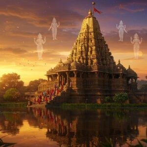 A grand, ancient Indian temple complex bathed in golden sunlight, its towering shikhara adorned with intricate Nagara-style carvings. The temple's reflection shimmers in a tranquil pond in the foreground, surrounded by lush tropical foliage. In the middle ground, a group of pilgrims in colorful traditional attire ascend the temple steps. The sky is a mix of deep oranges and purples, suggesting a magical sunset. Floating above the temple, ethereal, translucent forms of Hindu deities add a mystical atmosphere. The scene is rendered in a style blending hyper-realistic digital art with elements of traditional Madhubani patterns, featuring rich colors like deep maroon, saffron, and peacock blue. Soft, glowing orbs of light scatter throughout the image, enhancing the spiritual ambiance.