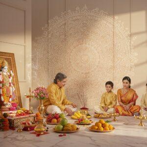 A serene Indian home interior bathed in warm, golden light. In the foreground, a beautifully decorated puja altar with a prominent image of Lord Vishnu in his Satyanarayan form, adorned with flowers and glowing diyas. An Indian family (grandparents, parents, and children) dressed in traditional attire, performing the puja together. The scene is rich with intricate details - a brass kalash, fruits, and sweets as offerings, incense smoke swirling in ethereal patterns. The background features a large, translucent mandala design, symbolizing cosmic harmony. Soft, pastel hues of saffron, pale blue, and rose gold create a peaceful atmosphere. Elements of both modern and traditional decor blend seamlessly, with a sleek marble floor contrasting with ornate wooden carvings. A subtle overlay of ancient Sanskrit text appears as if etched in light, connecting the present ritual to its historical roots. The overall composition exudes a sense of familial unity, spiritual devotion, and timeless tradition with a contemporary touch.