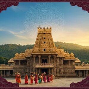 A majestic Dravidian-style temple with ornate golden gopuram rises against a serene blue sky, surrounded by lush green hills. In the foreground, a group of Indian devotees in colorful traditional attire approach the temple, carrying offerings. The scene is illuminated by warm, golden sunlight, creating a ethereal glow around the temple. Intricate Madhubani-style patterns frame the image, featuring peacocks, lotuses, and divine symbols in deep maroon and peacock blue. A large, translucent mandala floats above the temple, symbolizing divine energy. The overall composition blends photorealistic elements with surreal, spiritual touches, creating a captivating and inviting atmosphere that draws the viewer into the sacred world of the Sri Prasanna Venkateswara Swamy Temple.