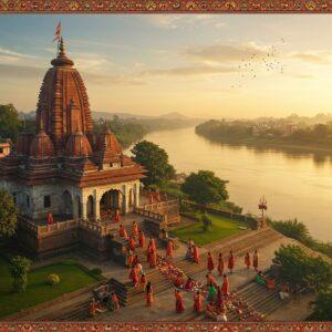 A majestic aerial view of Sukreswar Temple in Guwahati, nestled on the banks of the Brahmaputra River. The temple's ornate Shikhara-style architecture stands out against the lush green landscape. In the foreground, a group of devotees in colorful traditional Assamese attire perform a ritual near the temple steps. The scene is bathed in the warm golden light of sunrise, creating a serene and mystical atmosphere. Intricate Madhubani-style patterns frame the image, featuring motifs of Lord Shiva, tridents, and lotus flowers. The river reflects the temple's image, creating a mirror-like effect. In the distance, the cityscape of Guwahati is visible, blending the ancient with the modern. The art style combines hyperrealistic digital painting with elements of traditional Indian art, using a rich color palette of deep reds, oranges, and blues.