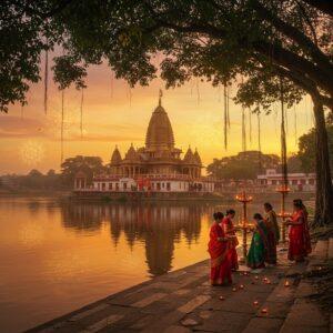 A majestic view of Sukreswar Temple at sunset, its ornate Assamese-style architecture reflected in the calm waters of the Brahmaputra River. The temple's golden shikhara gleams in the warm light, adorned with intricate carvings of Hindu deities. In the foreground, a group of devotees in colorful traditional Assamese attire perform puja, offering flowers and lamps. The scene is framed by lush banyan trees with hanging roots, their leaves tinged with golden light. Soft, glowing mandalas float in the sky, symbolizing divine blessings. The overall atmosphere blends serene spirituality with the vibrant culture of Assam, rendered in a style that combines hyper-realistic details with ethereal, dreamlike elements. Rich, deep colors of saffron, maroon, and peacock blue dominate, with touches of soft pastels in the sky.