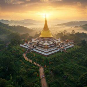 A serene aerial view of Hatimura Temple at sunset, nestled among lush green hills. The temple's golden spire gleams in the warm light, surrounded by a swirling pattern of traditional Assamese motifs in rich saffron and deep blue. In the foreground, a winding path leads to the temple, dotted with colorful flags and small groups of pilgrims in traditional Indian attire. Soft, glowing mandalas float in the sky, representing spiritual energy. The scene is rendered in a style blending hyperrealistic digital art with elements of Madhubani and Pattachitra, featuring intricate details and a vibrant yet soothing color palette. A ethereal mist partially obscures the distant hills, creating a mystical atmosphere. The overall composition suggests both the physical journey and the spiritual significance of visiting this sacred site.