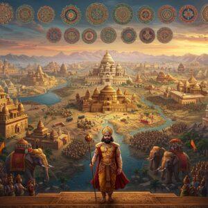 A majestic panoramic view of ancient Indian civilization, showing multiple grand kingdoms stretching across a detailed topographical map. In the foreground, a powerful Indian king wearing ornate golden armor and crown stands on palace steps, holding a royal scepter. Behind him, his vast army with elephants adorned in ceremonial decorations, soldiers with spears and shields displaying different kingdom emblems. The scene includes intricate architecture of multiple distinct palace styles - Magadhan, Kosalan, and Avanti designs with towering spires and detailed carved pillars. The landscape transitions through different terrains - fertile Ganges plains, mountainous regions, and coastal areas, each kingdom distinguished by unique architectural and cultural elements. Rich jewel tones of royal blue, deep crimson, and burnished gold dominate. Floating above are 16 ornate mandalas in Madhubani style, each containing symbolic elements of different Mahajanapadas. Soft mystical lighting creates a ethereal glow around the kingdoms, while intricate Pattachitra-style border patterns frame the scene. Artistic style merges photorealistic architectural details with traditional Indian art elements, creating a cinematic and grand composition. The atmosphere suggests power, prosperity and ancient glory.