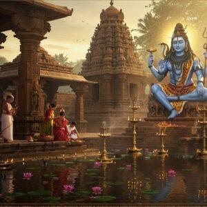 An ancient stone temple complex in South Indian Dravidian architecture style, with intricate carved pillars and gopuram illuminated by golden morning sunlight. Lord Shiva as Kaleshwara Mukteswara in his majestic form seated in padmasana, having four arms - holding trishul in upper right hand, damaru in upper left hand, abhaya mudra in lower right hand, and holding a sacred text in lower left hand. The deity emanates a divine blue aura. The foreground shows a serene water body with floating lotus flowers and reflection of the temple. Traditional oil lamps with glowing flames line the temple entrance. A devotee family in traditional Indian attire (man in white dhoti, woman in red silk saree) performing abhishekam. Detailed Madhubani-style borders featuring sacred symbols like Om, trishul, and rudraksha beads. The scene captures both morning golden hour lighting and spiritual ambiance with subtle fog and incense smoke. Hyperrealistic digital art style with rich colors like deep maroon, saffron, and gold, maintaining traditional Indian art sensibilities.