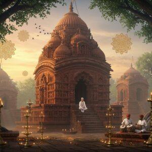 A majestic terracotta-red Bishnupur temple with intricate carved details rising against a mystical dawn sky, its curved Bengali-style roof adorned with detailed sculptures of Hindu deities. In the foreground, a serene Indian spiritual seeker in white kurta meditates on stone steps, surrounded by brass oil lamps with glowing flames. Ancient banyan trees frame the scene, their roots intertwining with temple architecture. Soft morning mist partially reveals multiple temples in the background, creating depth. Traditional Hindustani classical musicians playing veena and tabla sit in a corner of the temple courtyard. Detailed terracotta panels depicting scenes from Ramayana and Mahabharata cover the temple walls with remarkable precision. Floating mandalas with intricate geometric patterns hover in the air, emanating golden light. The scene combines hyperrealistic architectural details with ethereal lighting and magical elements. Color palette focuses on earthy terracotta reds, warm golds, deep browns, and misty blues. Art style merges traditional Madhubani patterns with modern digital art techniques, emphasizing both historical accuracy and spiritual atmosphere.