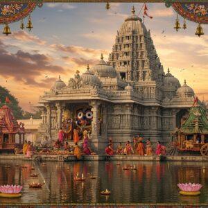 A majestic, intricately detailed Jagannath Temple in Hyderabad illuminated by golden morning sun rays, with its distinctive white and gold shikhara reaching towards a dreamy sky filled with soft pink and orange clouds. Lord Jagannath's distinctive large circular eyes and broad smile are visible through the main temple entrance, flanked by his siblings Balabhadra and Subhadra. The temple architecture features detailed Kalinga-style carvings merged with modern Deccani architectural elements. In the foreground, devotees in traditional Indian attire perform the ritual of offering lotus flowers and swinging the ceremonial chamar. The scene includes floating diyas on a serene temple pond reflecting the temple's image, with stylized mandalas and temple bells in golden hue adding a mystical aura. Traditional Pattachitra art patterns border the scene, featuring stories of Lord Jagannath in rich colors of deep blue, saffron, and maroon. The lighting is ethereal with soft glows around the temple spires, creating a spiritual atmosphere. Incorporate detailed ornate carvings of chariots, symbolizing the famous Rath Yatra, on the temple walls.