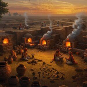 An aerial view of ancient Rajasthani settlement beside the Banas river, rendered in rich Madhubani-inspired art style, showing intricate copper smelting activities with detailed furnaces glowing orange-red. In the foreground, beautifully detailed black-and-red pottery with geometric patterns and sophisticated metal tools laid out on golden-hued earth. The scene features elegant Indian craftspeople in traditional Rajasthani attire working with copper and creating pottery. The background showcases archaeological excavation sites with exposed burial grounds containing distinctive Ahar culture artifacts. The composition includes mystical swirling patterns of smoke from the furnaces forming traditional mandala designs in the sky. The color palette focuses on deep terracotta reds, copper oranges, earthen browns, and metallic golds. The lighting creates a dramatic effect with the setting sun casting long shadows across the ancient settlement. Highly detailed digital art with photorealistic textures, cinematic lighting, and magical realism elements.
