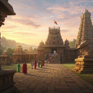 A majestic, ancient Ahobilam Temple complex illuminated by a warm golden sunrise, nestled among lush green Nallamala hills. In the foreground, a serene stone pathway leads to the main shrine, lined with intricately carved pillars adorned with traditional South Indian motifs. Devotees in colorful traditional attire are seen ascending the steps, creating a vibrant procession. The sky above is a soft blend of pastel pinks and blues, with wispy clouds forming subtle mandala patterns. A large, ornate stone Nandi statue guards the temple entrance, its details highlighted by the morning light. In the distance, eight smaller shrines representing the Nava Narasimha temples are visible, each emitting a soft, divine glow. The scene is rendered in a style blending hyperrealism with ethereal digital art, emphasizing the spiritual atmosphere and architectural grandeur of Ahobilam.