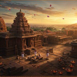 A breathtaking aerial view of ancient Aihole at golden hour, featuring the iconic Durga Temple complex with its distinctive apsidal architecture in the foreground. The temple's carved pillars and intricate reliefs are illuminated by warm sunlight. In the middle ground, a group of three traditionally dressed Indian artisans (two men, one woman) work on stone sculptures using period-accurate tools. The scene extends to reveal the Chalukyan-era street layout with weathered stone structures. The landscape includes the dramatic Malaprabha River valley and red sandstone outcrops. Mystical elements include floating lotus petals and subtle mandala patterns in the sky. The color palette features rich earthy reds, warm sandstone yellows, and deep burgundy with touches of gold. The art style combines hyperrealistic architectural details with ethereal lighting and Madhubani-inspired decorative elements in the borders. Small clusters of glowing diyas and incense smoke add depth and atmosphere. The composition should be cinematic and immersive, with dramatic perspective and depth of field.