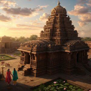 A magnificent aerial view of Aihole's ancient Durga Temple complex during golden hour, with warm sunlight casting long shadows across the intricately carved sandstone structures. The temple's unique curved architecture and detailed reliefs are rendered in photorealistic detail, showing the distinctive Northern Nagara style. In the foreground, a young Indian couple in modern traditional attire (man in kurta, woman in salwar kameez) are exploring the temple grounds, their expressions filled with wonder. Surrounding the temple are blooming lotus ponds and carefully manicured gardens with traditional Madhubani-style border patterns. The sky features ethereal pastel clouds with hints of saffron and gold, while floating mandalas and sacred geometric patterns appear as subtle overlays in the atmosphere. Traditional oil lamps cast a warm glow across the scene, creating a mystical ambiance. The lighting is dramatic yet serene, with sun rays filtering through the temple's pillared halls. The scene combines hyperrealistic architectural details with magical realism elements, rendered in a style that blends modern digital art with traditional Indian artistic motifs. Deep earthy browns of the temple contrast with vibrant peacock blues and royal purples in the sky.