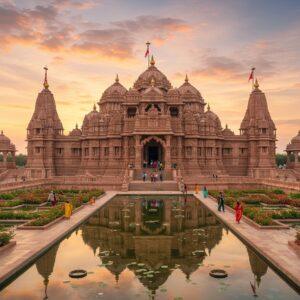 A magnificent aerial view of Akshardham temple complex at golden hour, with intricate pink sandstone architecture featuring ornate carvings and detailed sculptures in traditional Gujarati style. The main temple sits majestically in the center, surrounded by lush geometric gardens with symmetrical patterns and flowing fountains. The scene captures the grandeur of the 141-foot-tall monument with its 234 ornately carved pillars, 20 quadrangle shikhars, and 9 domes. Soft ethereal light bathes the structure, creating a warm golden glow on the carved details. In the foreground, a reflecting pool mirrors the temple's image perfectly, with lotus flowers floating on the surface. Small groups of visitors in traditional Indian attire walk through the premises, giving scale to the massive architecture. The sky features soft pastel clouds with hints of orange and pink. The scene combines photorealistic architectural details with a touch of magical surrealism in lighting and atmosphere. The style merges traditional Indian architectural photography with modern digital art techniques, emphasizing both the spiritual significance and tourist appeal of the monument.