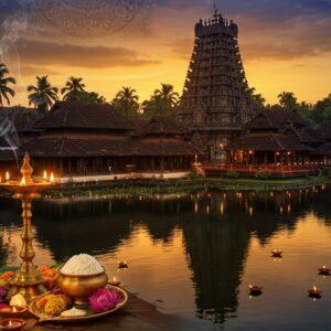 A majestic aerial view of Ambalappuzha Sri Krishna Temple during golden hour, with its traditional Kerala architecture featuring sloped terracotta-tiled roofs and intricate wooden carvings. In the foreground, a beautifully arranged traditional brass lamp (nilavilakku) glows warmly, next to an ornate golden vessel containing the famous Ambalappuzha palpayasam. The scene is decorated with fresh lotus flowers and banana leaves. Peaceful backwaters reflect the temple's image, creating a mirror effect. Soft glowing diyas float on the water. Light rays filter through coconut palms, creating a mystical atmosphere. The sky features warm oranges and purples of sunset, with hints of approaching evening stars. The entire scene is rendered in a style blending traditional Pattachitra art with modern digital aesthetics, using rich colors like deep blue, gold, and maroon. Intricate mandala patterns float ethereally in the background, while wisps of sacred incense smoke create delicate patterns in the air.