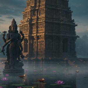 A majestic ancient Indian temple with intricate Kalinga architecture emerging from morning mist, detailed stone carvings depicting Lord Krishna's stories across its walls, surrounded by blooming lotus ponds. The temple's spire features elaborate geometric patterns in traditional Odisha style, with golden morning sunlight casting dramatic shadows. In the foreground, a serene four-armed Lord Vishnu statue in black chlorite stone, adorned with traditional ornaments, holding Sankha, Chakra, Gada, and Padma. The scene includes floating diyas on water, with soft ethereal lighting creating a mystical atmosphere. Delicate mandala patterns in gold and saffron float in the air. The color palette combines deep blues, warm golds, and rich maroons. The architectural details show weathered stone textures with intricate carvings of dancing apsaras and celestial musicians. Photorealistic digital art style with atmospheric lighting and volumetric fog, maintaining traditional Indian art elements while appearing contemporary and cinematic.